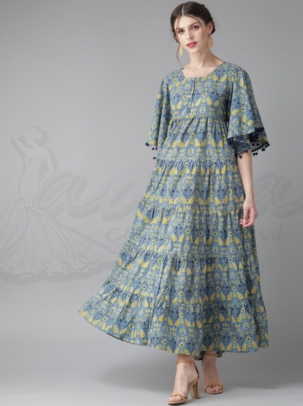 Blue Yellow Printed Maxi Dress – Adaa Collections